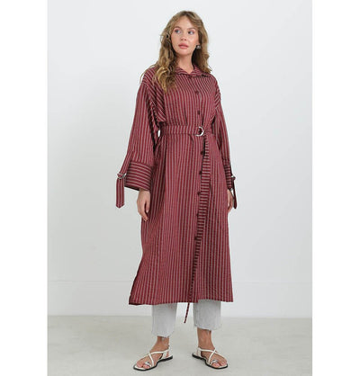 Modefa Tunic Red Modest Muslim Women's Pinstripe Wide Cuff Tunic - 10701 - Red