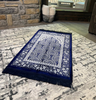 Modefa USA Prayer Rug Dark Blue Plush Ipek Islamic Prayer Rug Floral Blue