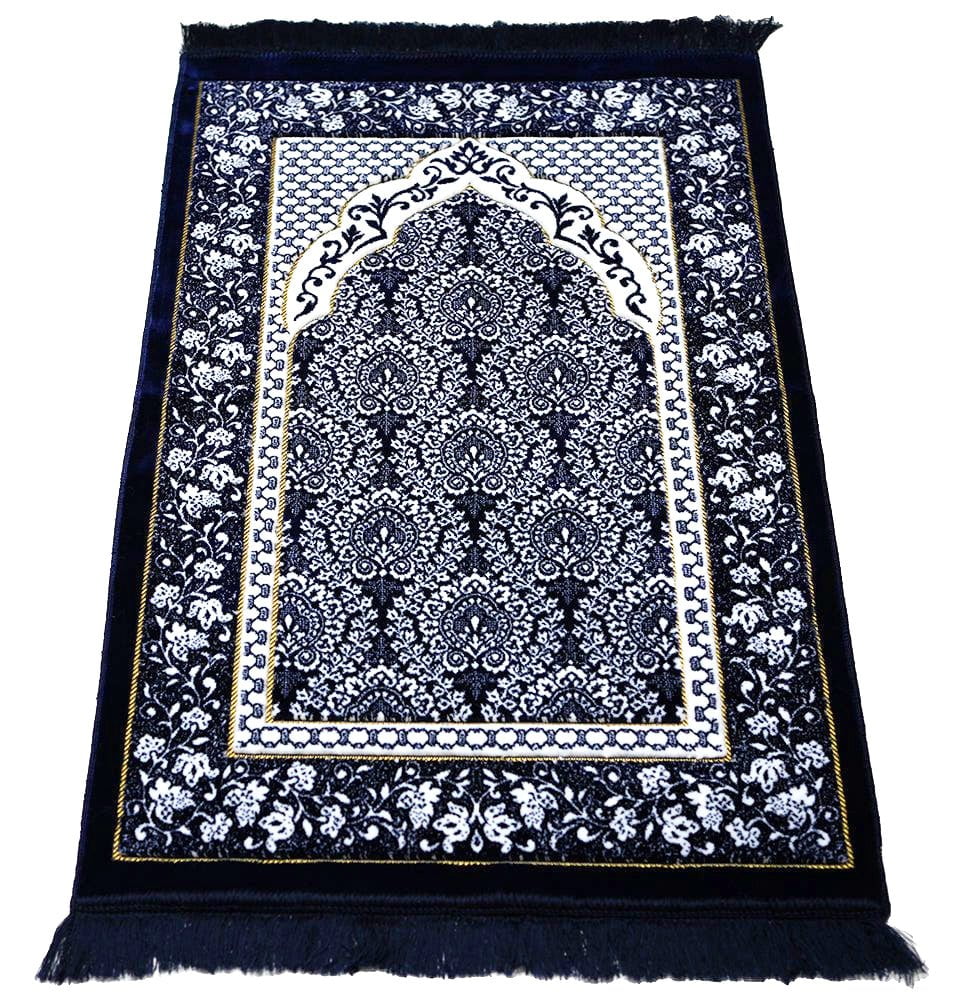 Modefa USA Prayer Rug Dark Blue Plush Ipek Islamic Prayer Rug Floral Blue