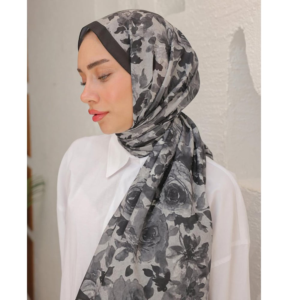 MVDN Shawl Black Flora Garden Cotton Patterned Shawl Hijab - Black