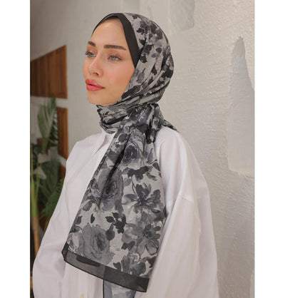 MVDN Shawl Black Flora Garden Cotton Patterned Shawl Hijab - Black