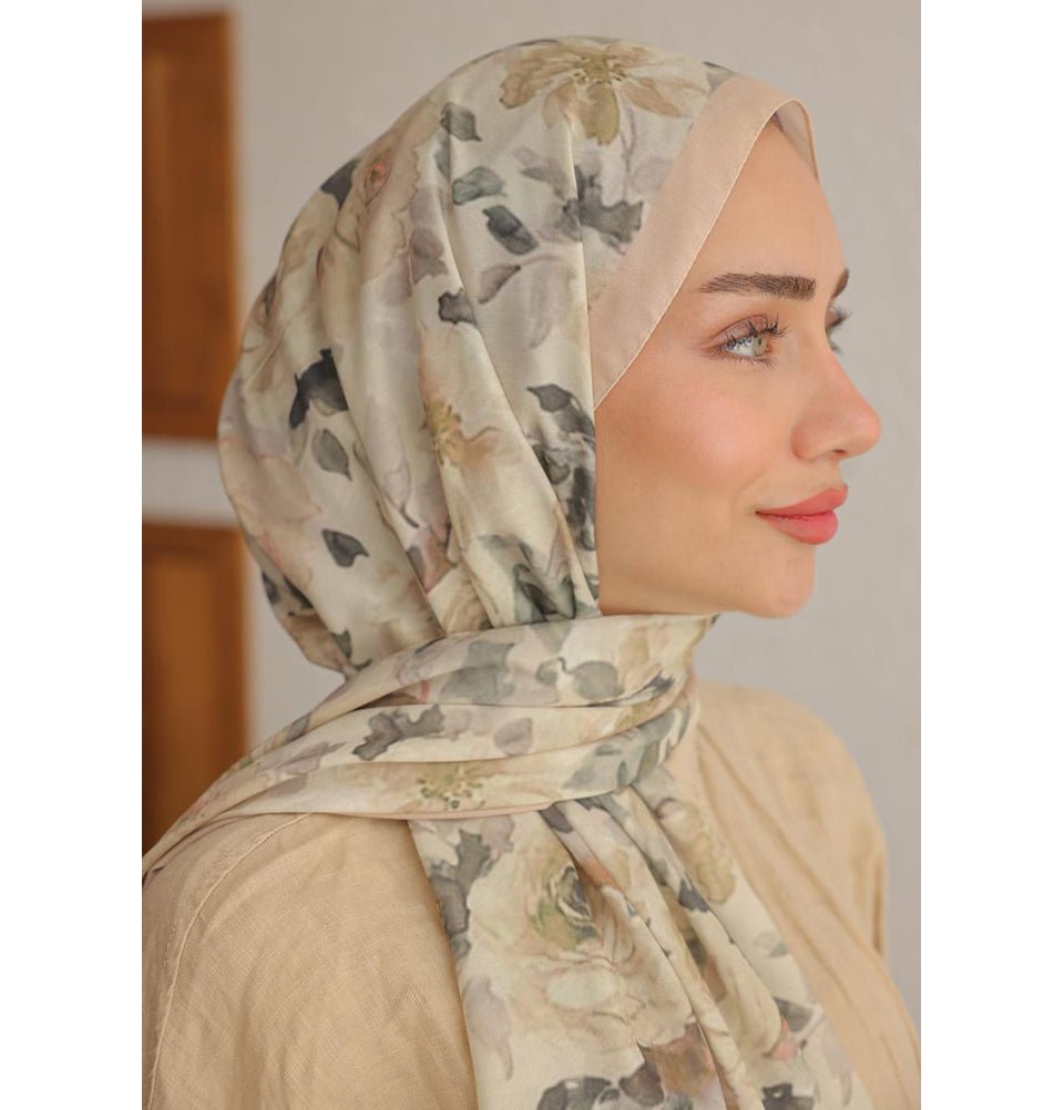 MVDN Shawl Cream Flora Garden Cotton Patterned Shawl Hijab - Cream