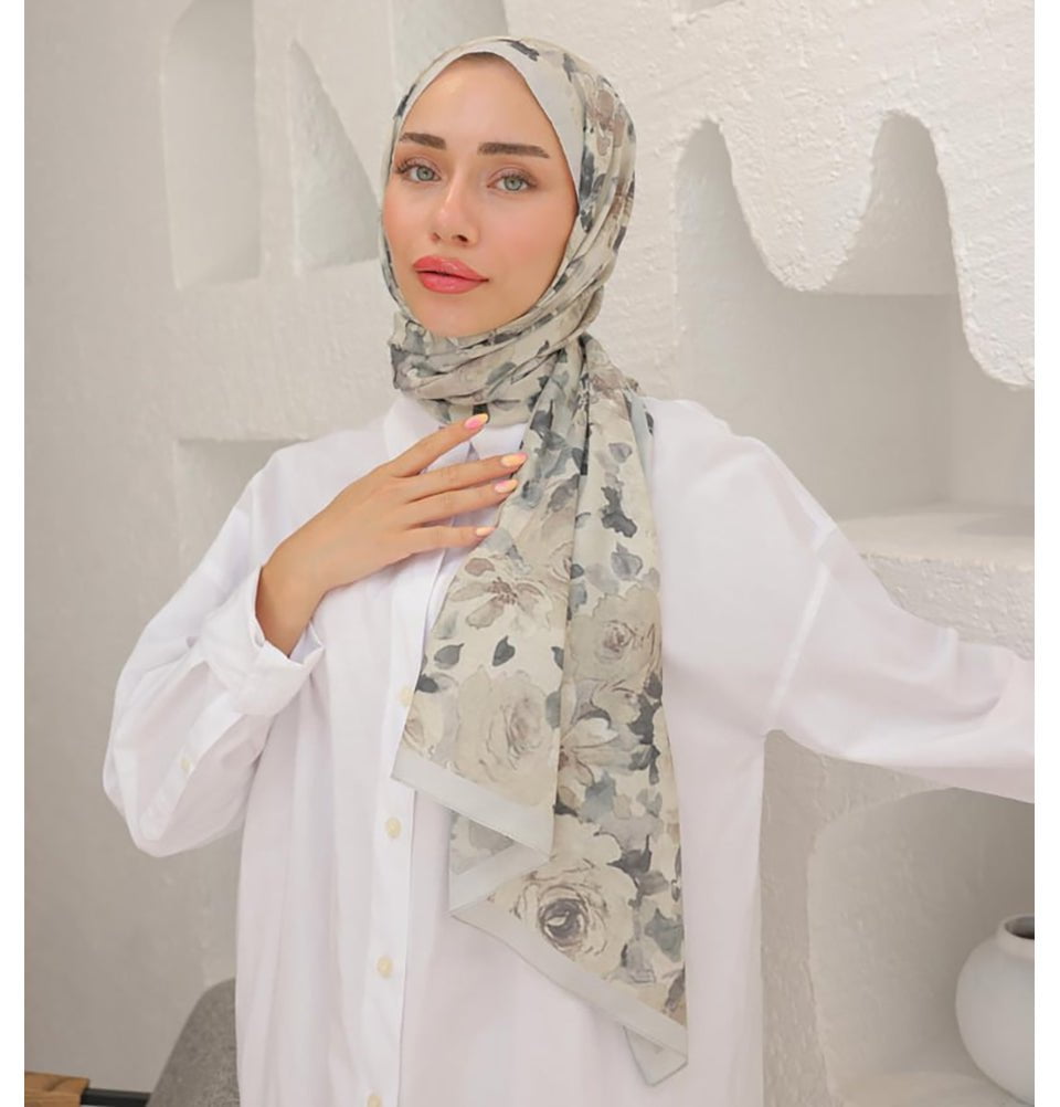 MVDN Shawl Grey Flora Garden Cotton Patterned Shawl Hijab - Grey