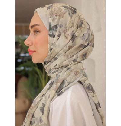 MVDN Shawl Grey Flora Garden Cotton Patterned Shawl Hijab - Grey