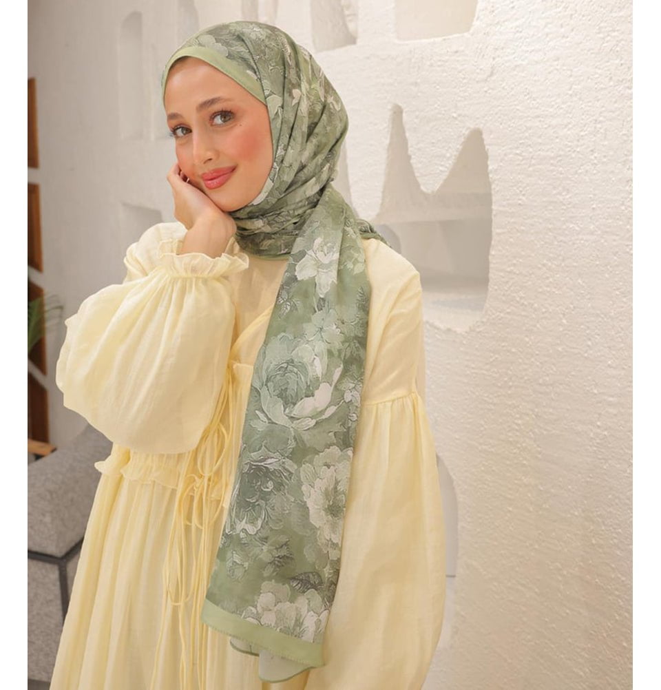 MVDN Shawl Light Green Tulip Garden Cotton Patterned Shawl Hijab - Light Green