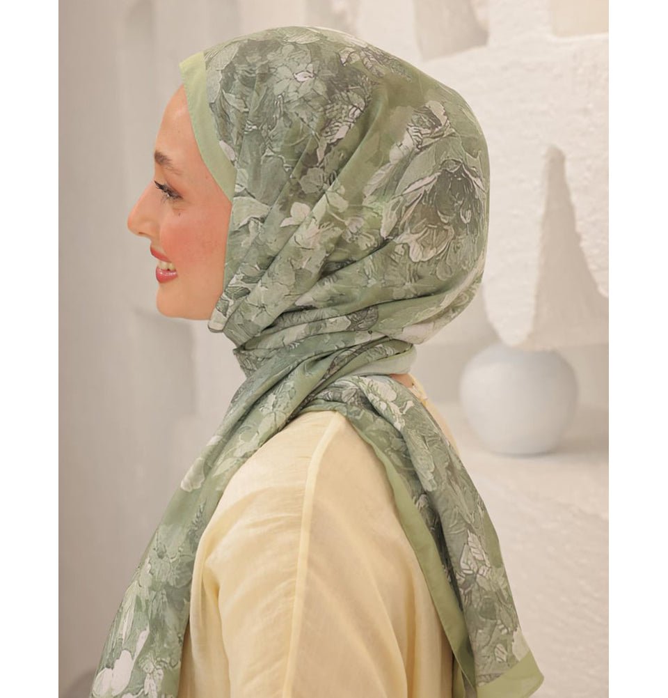 MVDN Shawl Light Green Tulip Garden Cotton Patterned Shawl Hijab - Light Green