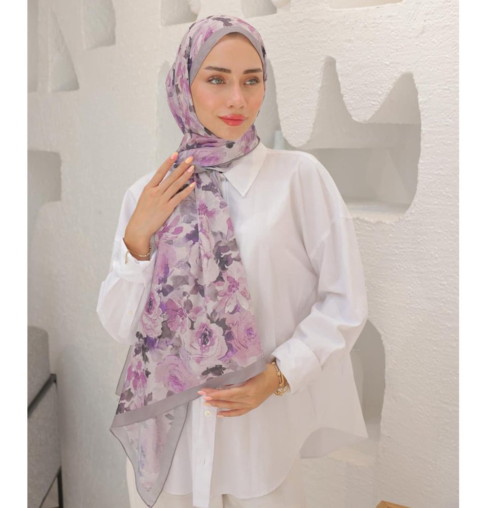 MVDN Shawl Lilac Flora Garden Cotton Patterned Shawl Hijab - Lilac