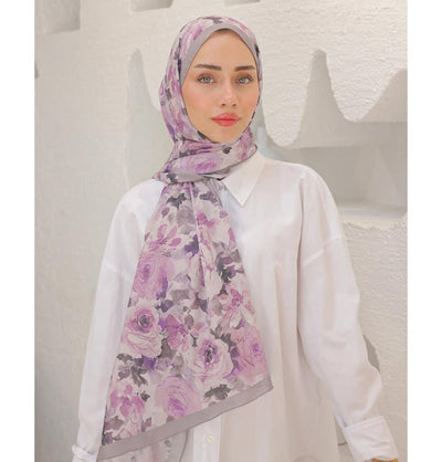 MVDN Shawl Lilac Flora Garden Cotton Patterned Shawl Hijab - Lilac