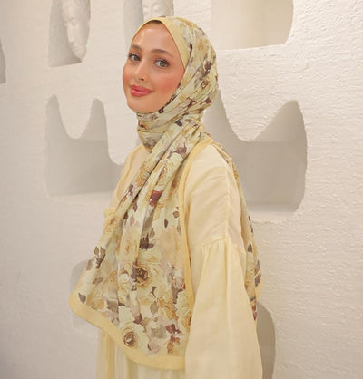 MVDN Shawl Pale Yellow Flora Garden Cotton Patterned Shawl Hijab - Pale Yellow
