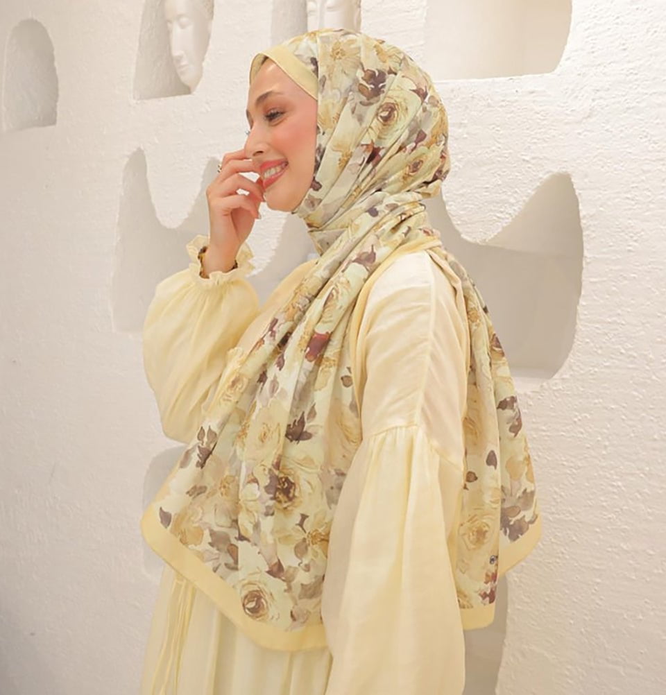 MVDN Shawl Pale Yellow Flora Garden Cotton Patterned Shawl Hijab - Pale Yellow