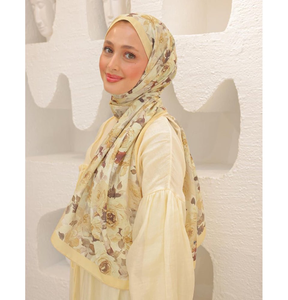 MVDN Shawl Pale Yellow Flora Garden Cotton Patterned Shawl Hijab - Pale Yellow