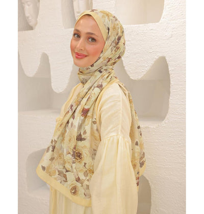 MVDN Shawl Pale Yellow Flora Garden Cotton Patterned Shawl Hijab - Pale Yellow