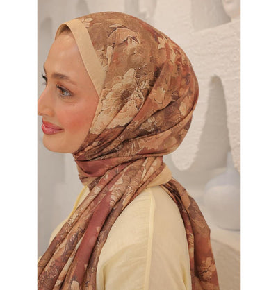 MVDN Shawl Peachy Beige Tulip Garden Cotton Patterned Shawl Hijab - Peachy Beige