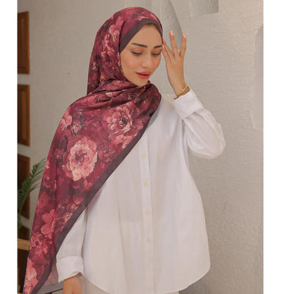MVDN Shawl Red Tulip Garden Cotton Patterned Shawl Hijab - Red