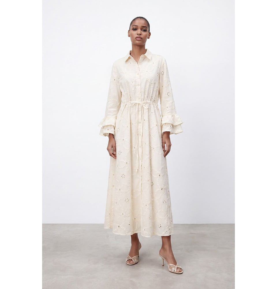 Women's Embroidered Eyelet Cotton Blend Maxi Dress with Ruffle Sleeves