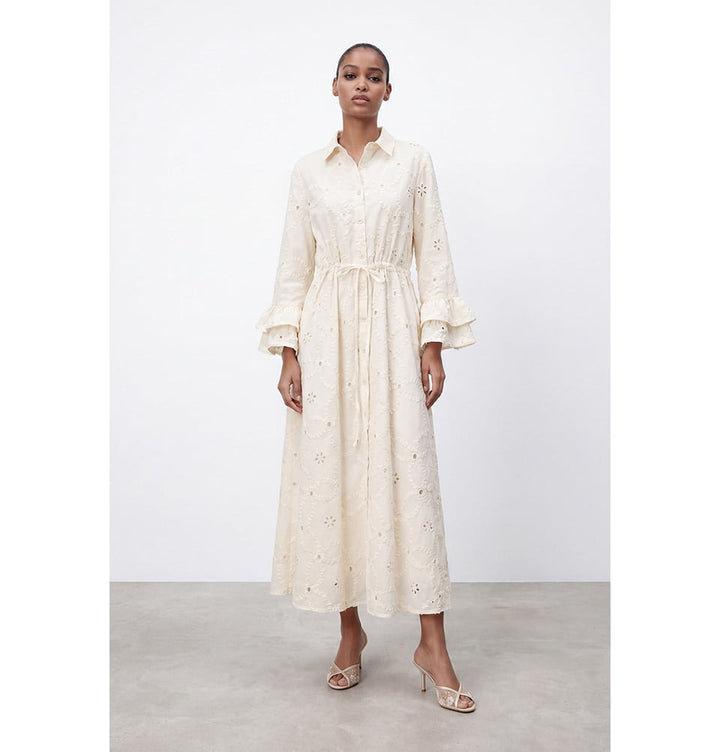 Women's Embroidered Eyelet Cotton Blend Maxi Dress with Ruffle Sleeves
