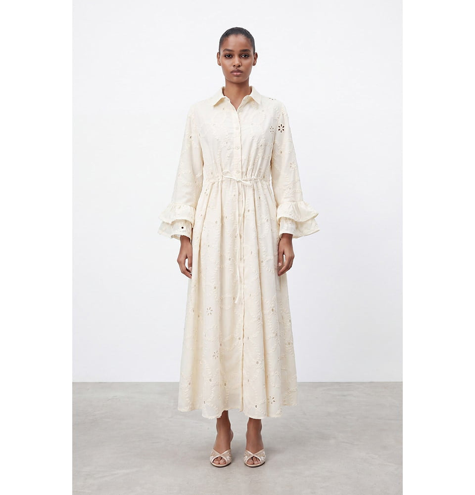 Women's Embroidered Eyelet Cotton Blend Maxi Dress with Ruffle Sleeves