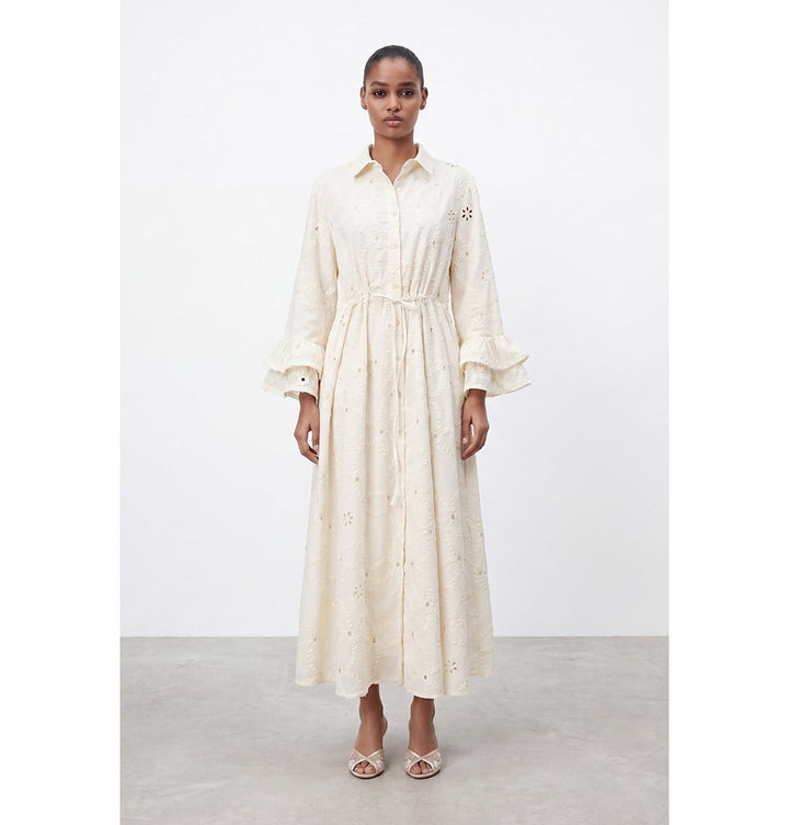 ruffle dress cotton Women's Embroidered Eyelet Blend Maxi with Sleeves occasion:rush edge finish Size:4X Rihoas Mandarin Collar Button