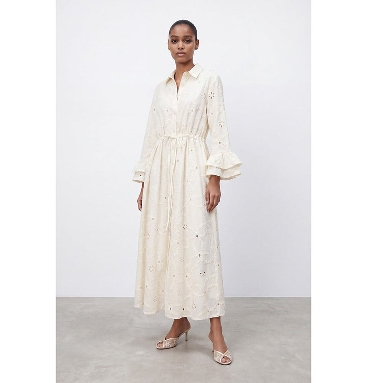 Women's Embroidered Eyelet Cotton Blend Maxi Dress with Ruffle Sleeves