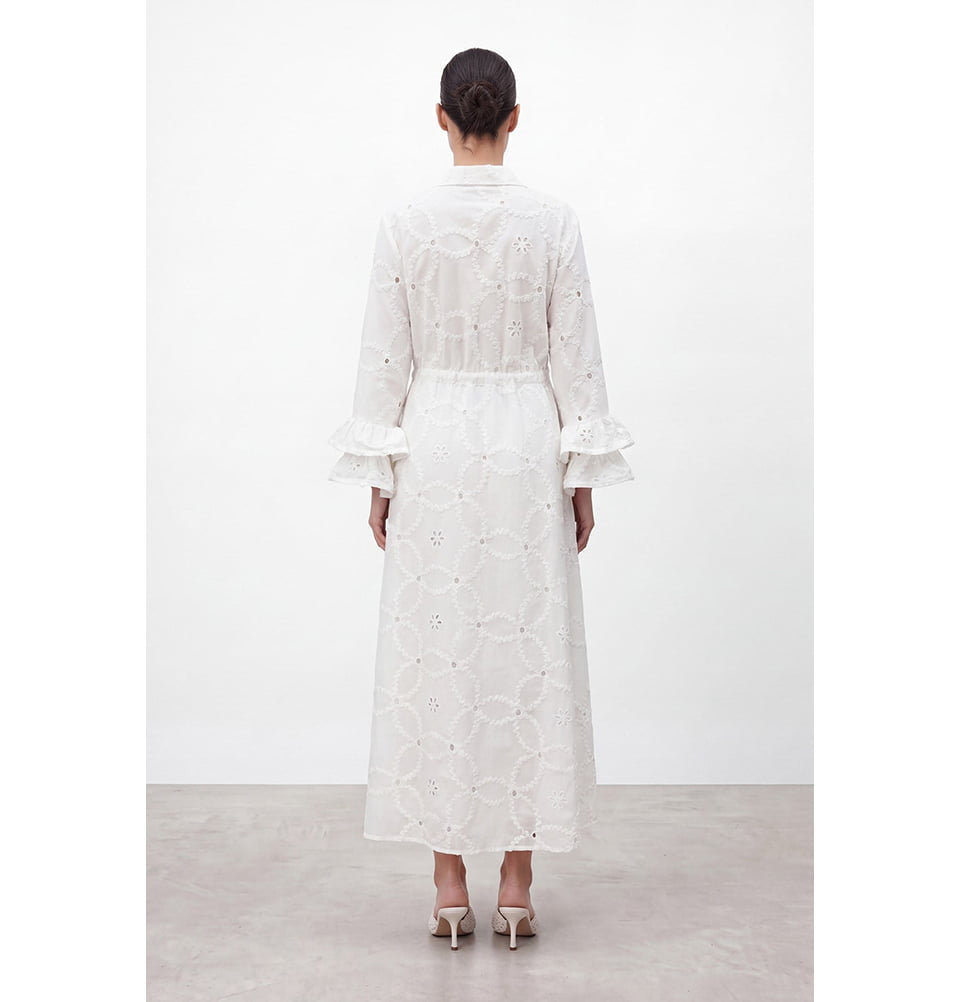 Women's Embroidered Eyelet Cotton Blend Maxi Dress with Ruffle Sleeves