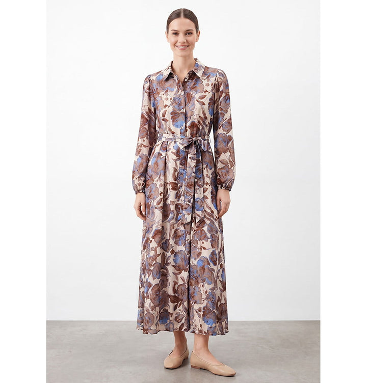 Women's Floral Shirt Collar Belted Midi Dress