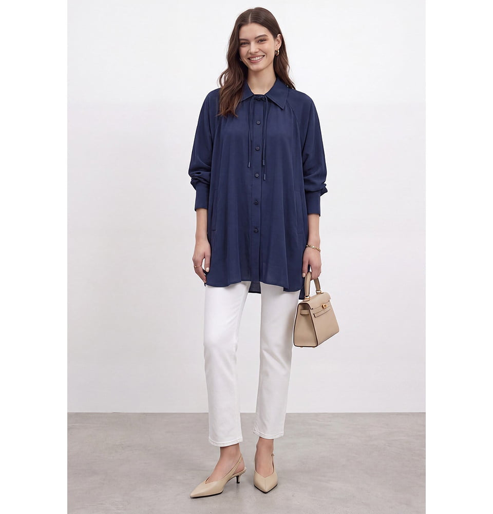 Modest Women's Modal Tie Neck Tunic - 10772 Navy