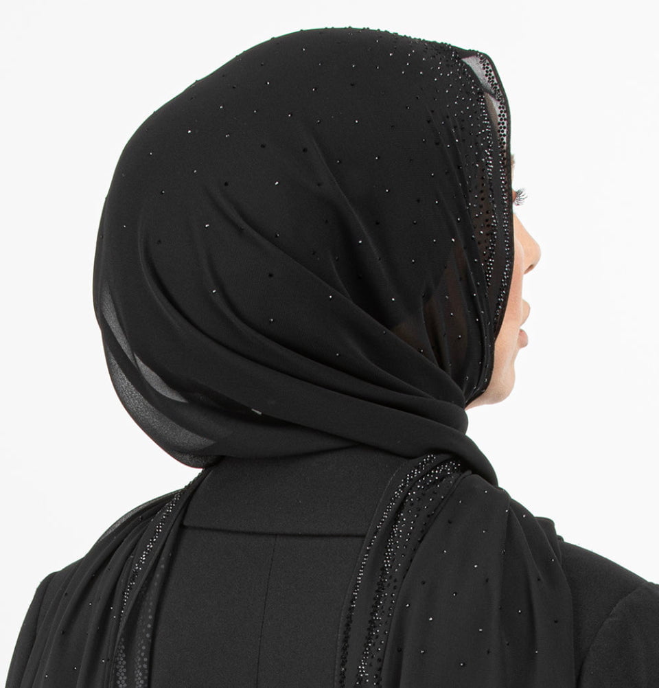 Sedef Shawl Black Sheer Solid Chiffon with Rhinestone Shawl Hijab - Black