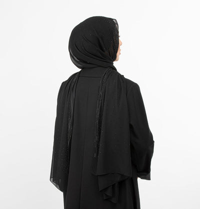 Sedef Shawl Black Sheer Solid Chiffon with Rhinestone Shawl Hijab - Black