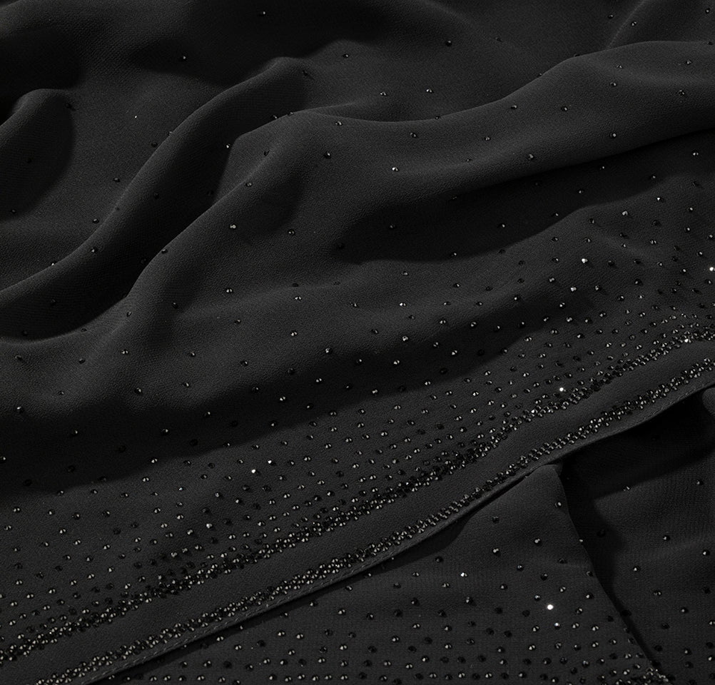 Sedef Shawl Black Sheer Solid Chiffon with Rhinestone Shawl Hijab - Black
