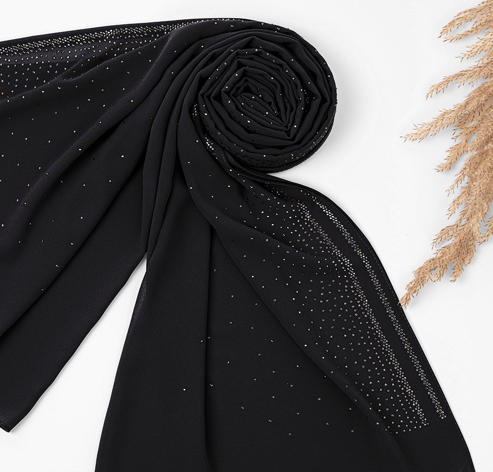Sedef Shawl Black Sheer Solid Chiffon with Rhinestone Shawl Hijab - Black