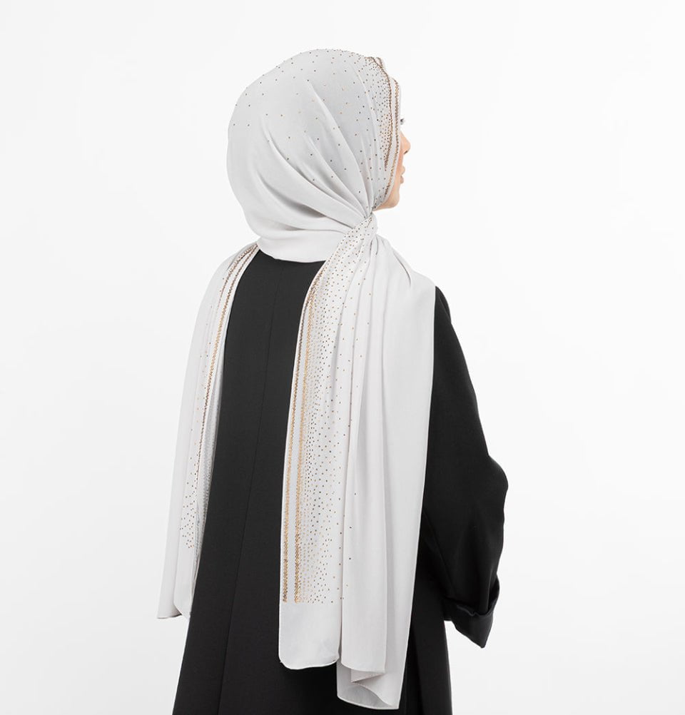 Sedef Shawl Bright Grey Sheer Solid Chiffon with Rhinestone Shawl Hijab - Dark Beige