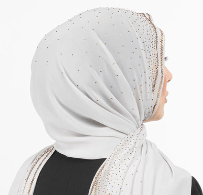 Sedef Shawl Bright Grey Sheer Solid Chiffon with Rhinestone Shawl Hijab - Dark Beige