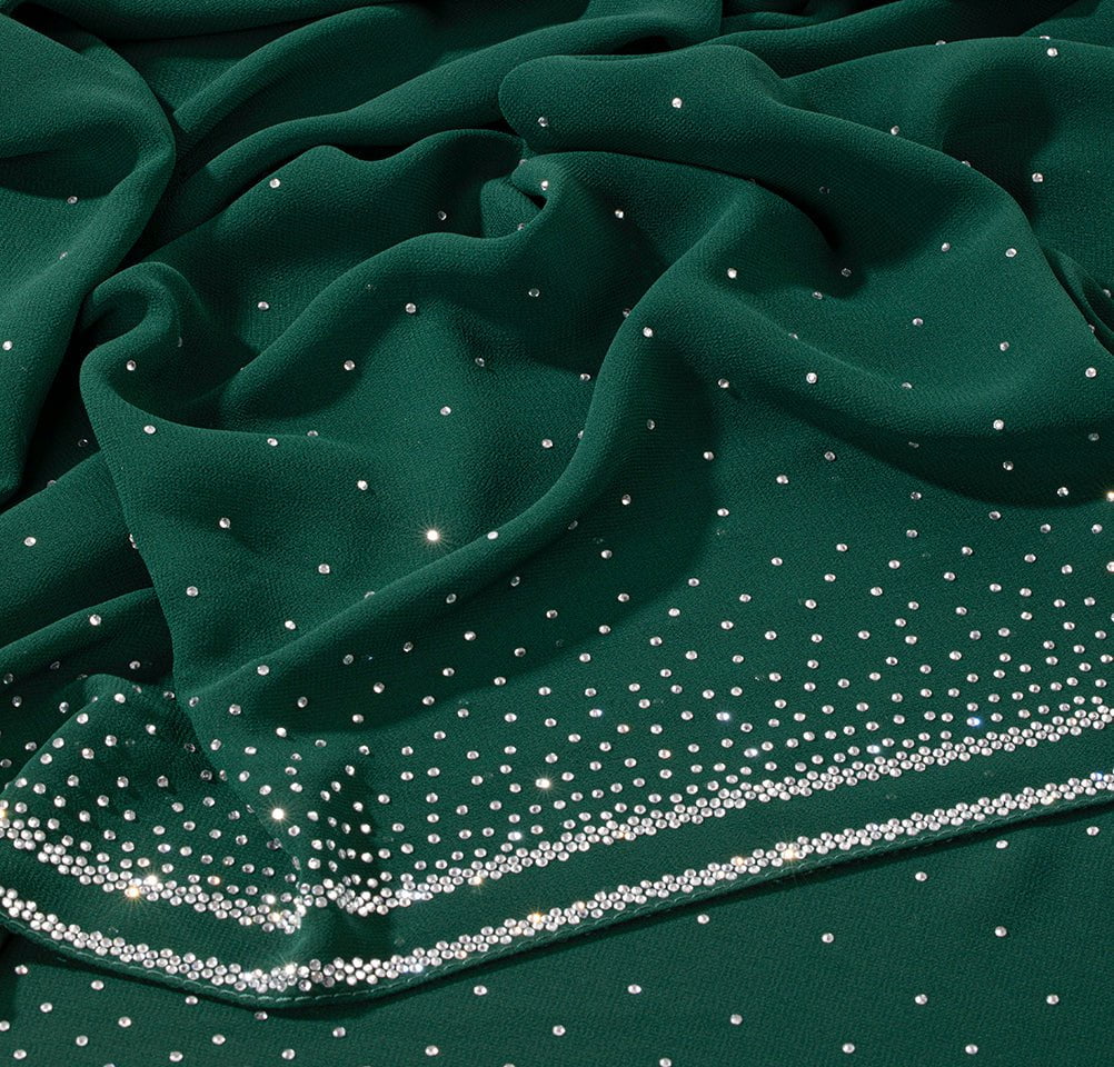 Sedef Shawl Green Solid Sheer Chiffon with Rhinestone Shawl Hijab - Green