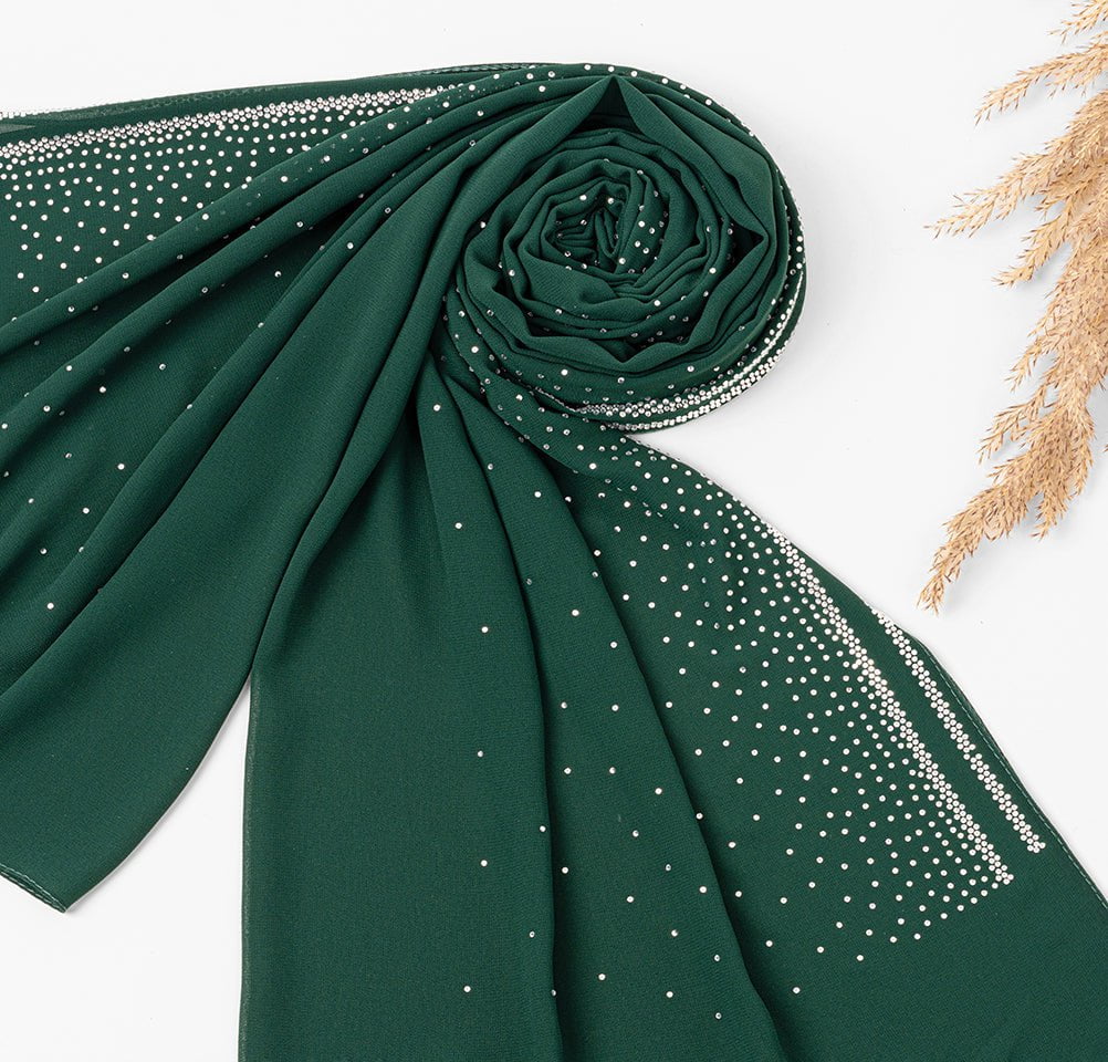 Sedef Shawl Green Solid Sheer Chiffon with Rhinestone Shawl Hijab - Green