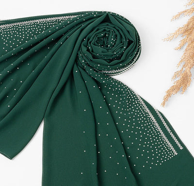 Sedef Shawl Green Solid Sheer Chiffon with Rhinestone Shawl Hijab - Green