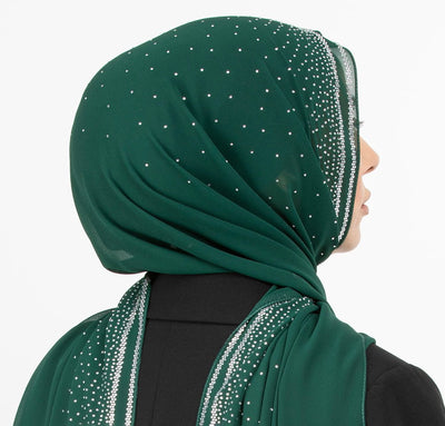 Sedef Shawl Green Solid Sheer Chiffon with Rhinestone Shawl Hijab - Green
