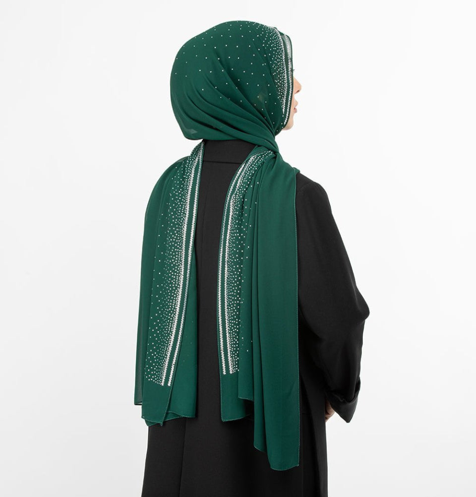 Sedef Shawl Green Solid Sheer Chiffon with Rhinestone Shawl Hijab - Green