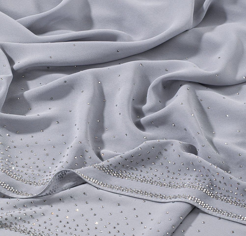 Sedef Shawl Grey Solid Sheer Chiffon with Rhinestone Shawl Hijab - Grey