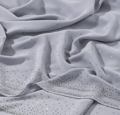Sedef Shawl Grey Solid Sheer Chiffon with Rhinestone Shawl Hijab - Grey