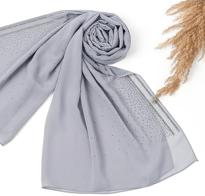 Sedef Shawl Grey Solid Sheer Chiffon with Rhinestone Shawl Hijab - Grey