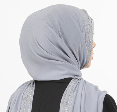 Sedef Shawl Grey Solid Sheer Chiffon with Rhinestone Shawl Hijab - Grey