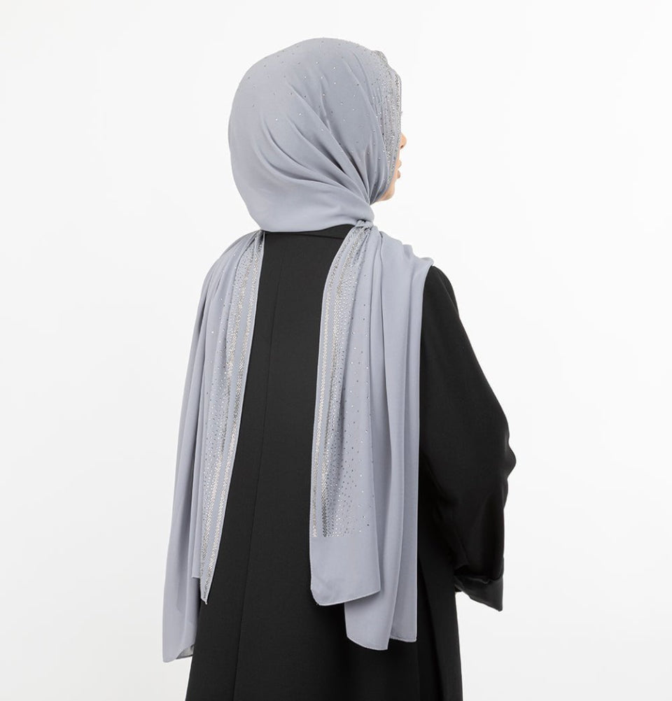 Sedef Shawl Grey Solid Sheer Chiffon with Rhinestone Shawl Hijab - Grey