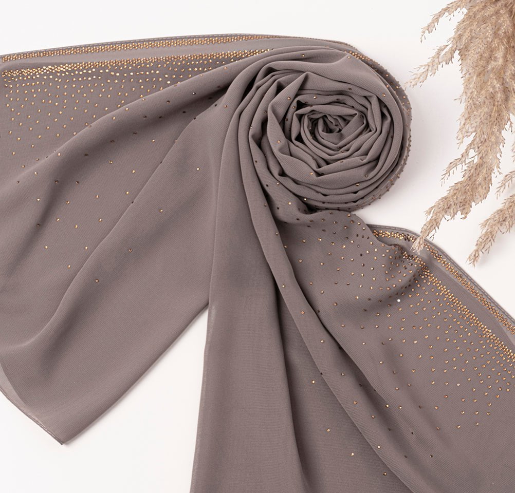 Sedef Shawl Latte Solid Chiffon with Rhinestone Shawl Hijab - Latte
