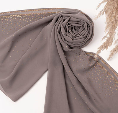 Sedef Shawl Latte Solid Chiffon with Rhinestone Shawl Hijab - Latte
