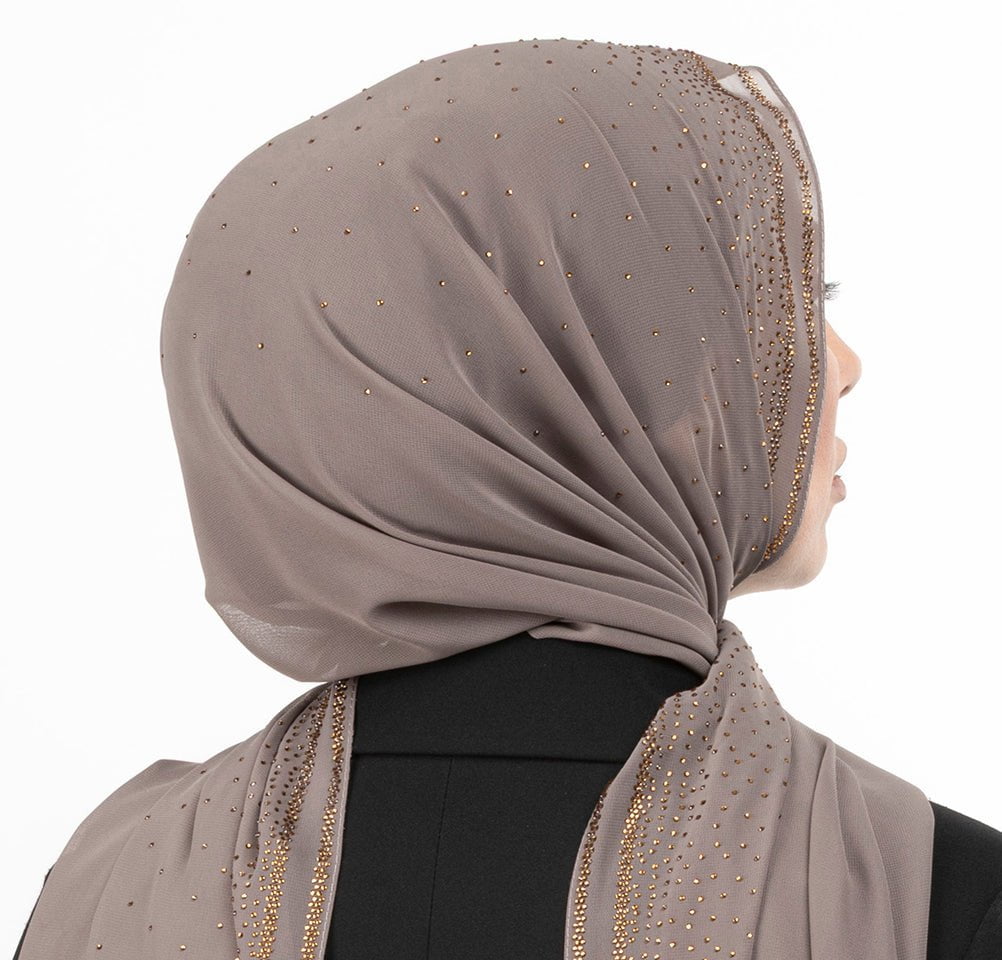Sedef Shawl Latte Solid Chiffon with Rhinestone Shawl Hijab - Latte