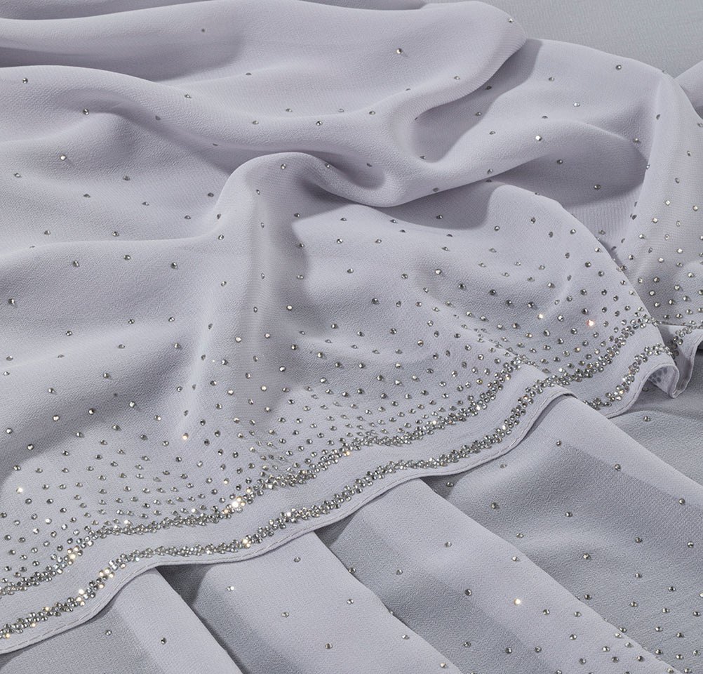 Sedef Shawl Light Grey Solid Sheer Chiffon with Rhinestone Shawl Hijab - Light Grey