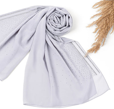 Sedef Shawl Light Grey Solid Sheer Chiffon with Rhinestone Shawl Hijab - Light Grey