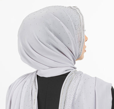 Sedef Shawl Light Grey Solid Sheer Chiffon with Rhinestone Shawl Hijab - Light Grey