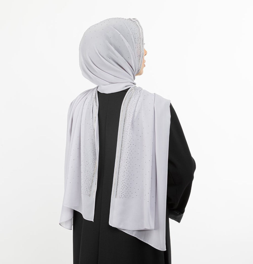Sedef Shawl Light Grey Solid Sheer Chiffon with Rhinestone Shawl Hijab - Light Grey