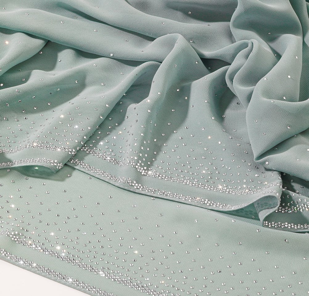 Sedef Shawl Mint Green Solid Sheer Chiffon with Rhinestone Shawl Hijab - Mint Green